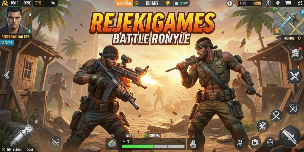 Tampilan grafis epik dalam permainan Battle Royale REJEKIGAMES.